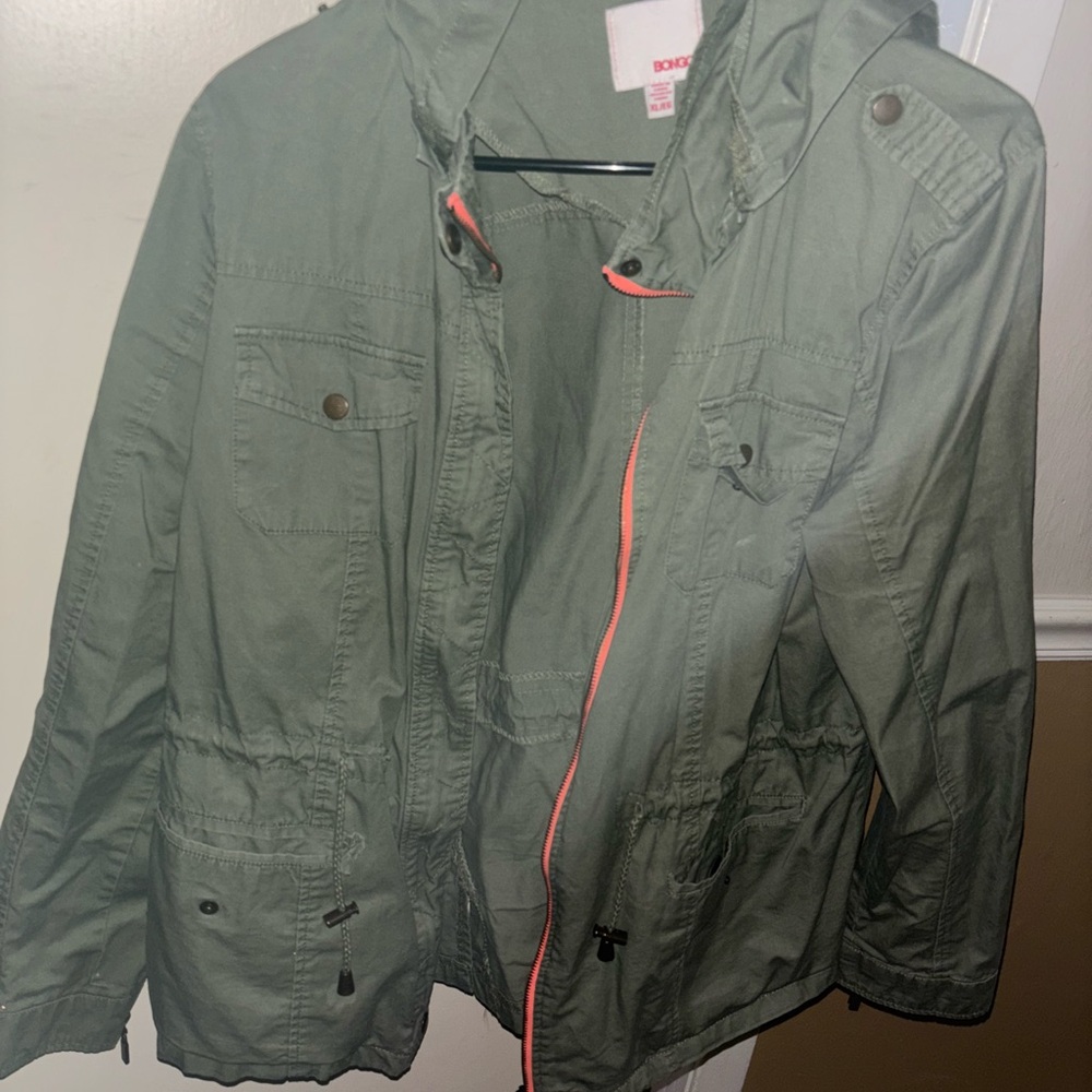 BONGO Utility Jacket in Olive Green with Coral Accents